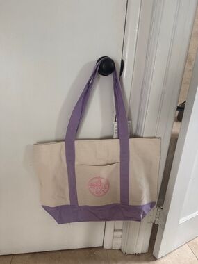 Cream Canvas Tote with Purple Trim and Pink Logo